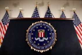 The podium for the director of the Federal Bureau of Investigation is seen at FBI headquarters before his news conference in Washington