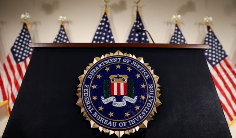The podium for the director of the Federal Bureau of Investigation is seen at FBI headquarters before his news conference in Washington